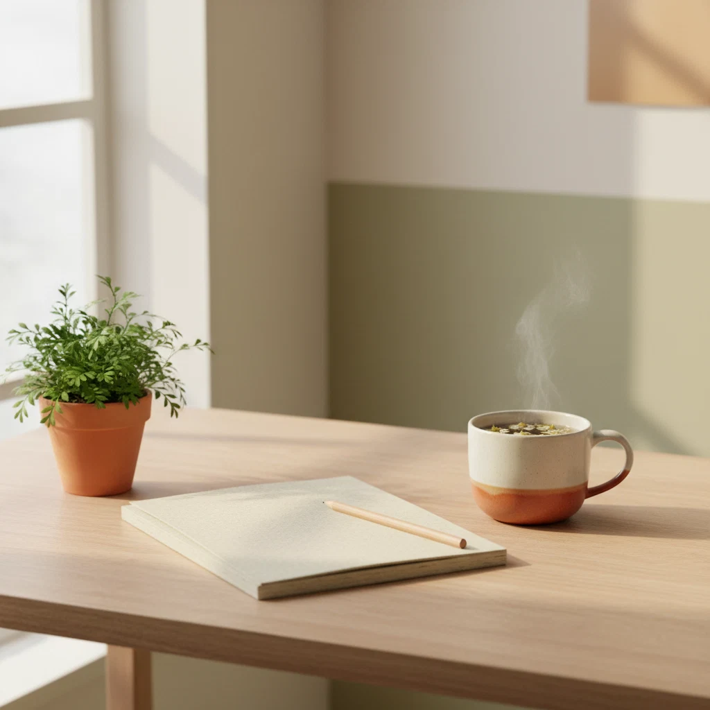 Rustgevende werkplek met notitieboek, plant en een kopje thee op een houten bureau